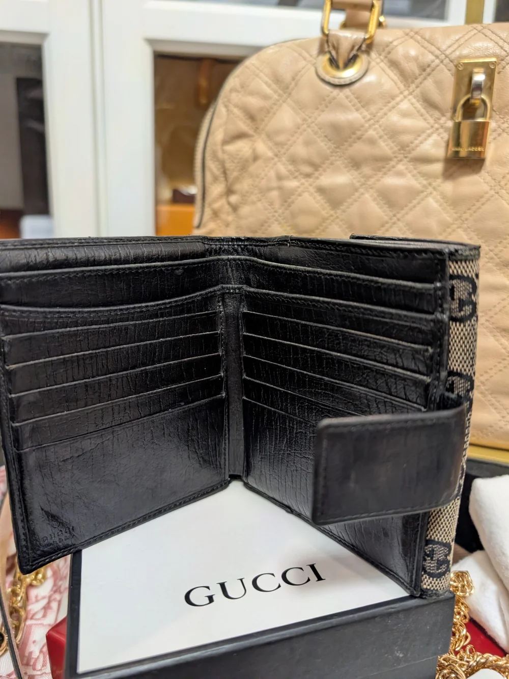 Gucci Beige Brown GG Canvas Wallet with Black Trim and Bamboo Accent